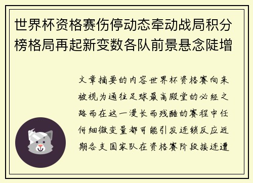 世界杯资格赛伤停动态牵动战局积分榜格局再起新变数各队前景悬念陡增 世界杯资格赛伤停动态牵动战局积分榜格局再起新变数各队前景悬念陡增