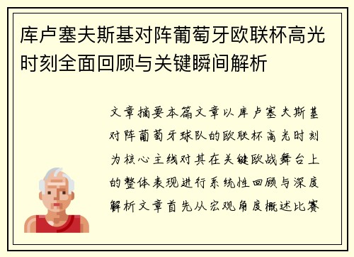 库卢塞夫斯基对阵葡萄牙欧联杯高光时刻全面回顾与关键瞬间解析