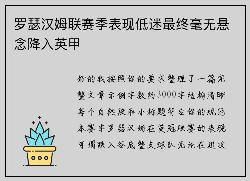 罗瑟汉姆联赛季表现低迷最终毫无悬念降入英甲 罗瑟汉姆联赛季表现低迷最终毫无悬念降入英甲